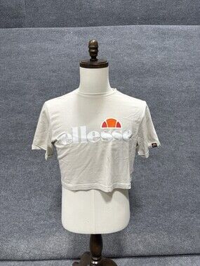 Ellesse Crop Top T Shirt Womens UK 12 White Logo Graphic Casual Tee